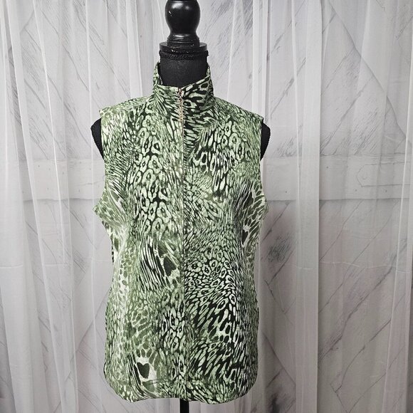 Cali And York Green White Abstract Animal Print Zip Mock Neck Sleeveless Vest MP - Picture 1 of 12